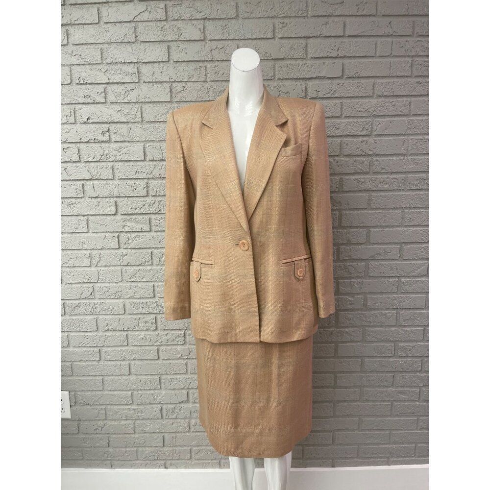Stirling Cooper Women Classic Tan Plaid Career 2 Pcs Skirt Suit Size 4
